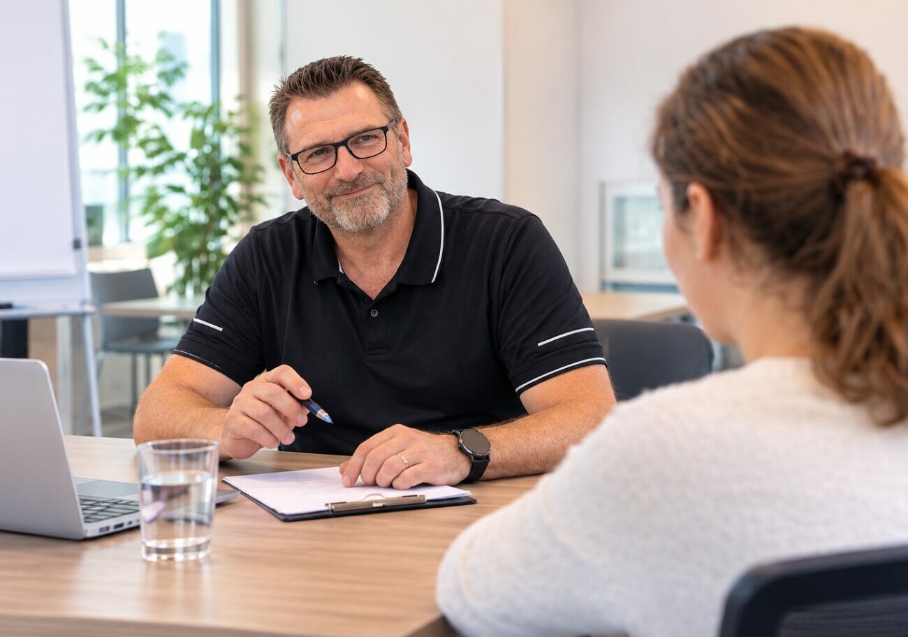Jean-Luc Joutz échange avec une participante lors d'un entretien personnalisé dans le cadre d'une action de formation ou d'accompagnement en prévention des risques professionnels.