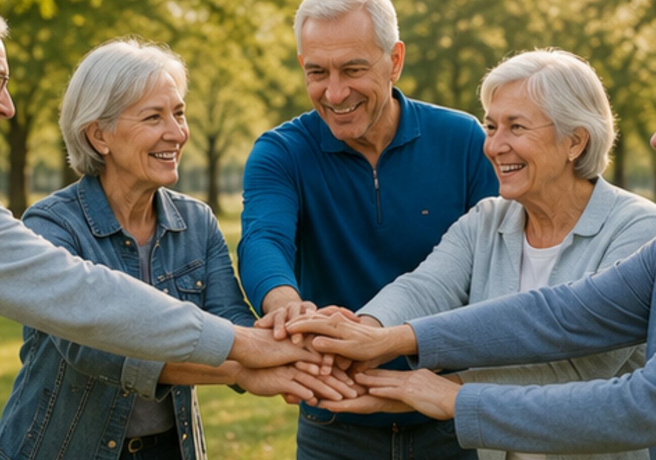 Groupe de seniors réunis dans un parc illustrant le lien social, la convivialité et les actions favorisant le bien-être psychologique.