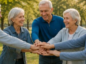 Groupe de seniors réunis dans un parc illustrant le lien social, la convivialité et les actions favorisant le bien-être psychologique.