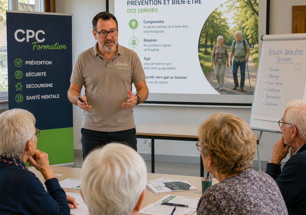 Jean-Luc Joutz présente un atelier de prévention du bien-être psychologique à un groupe de seniors à l'aide d'un support visuel et d'un paperboard.