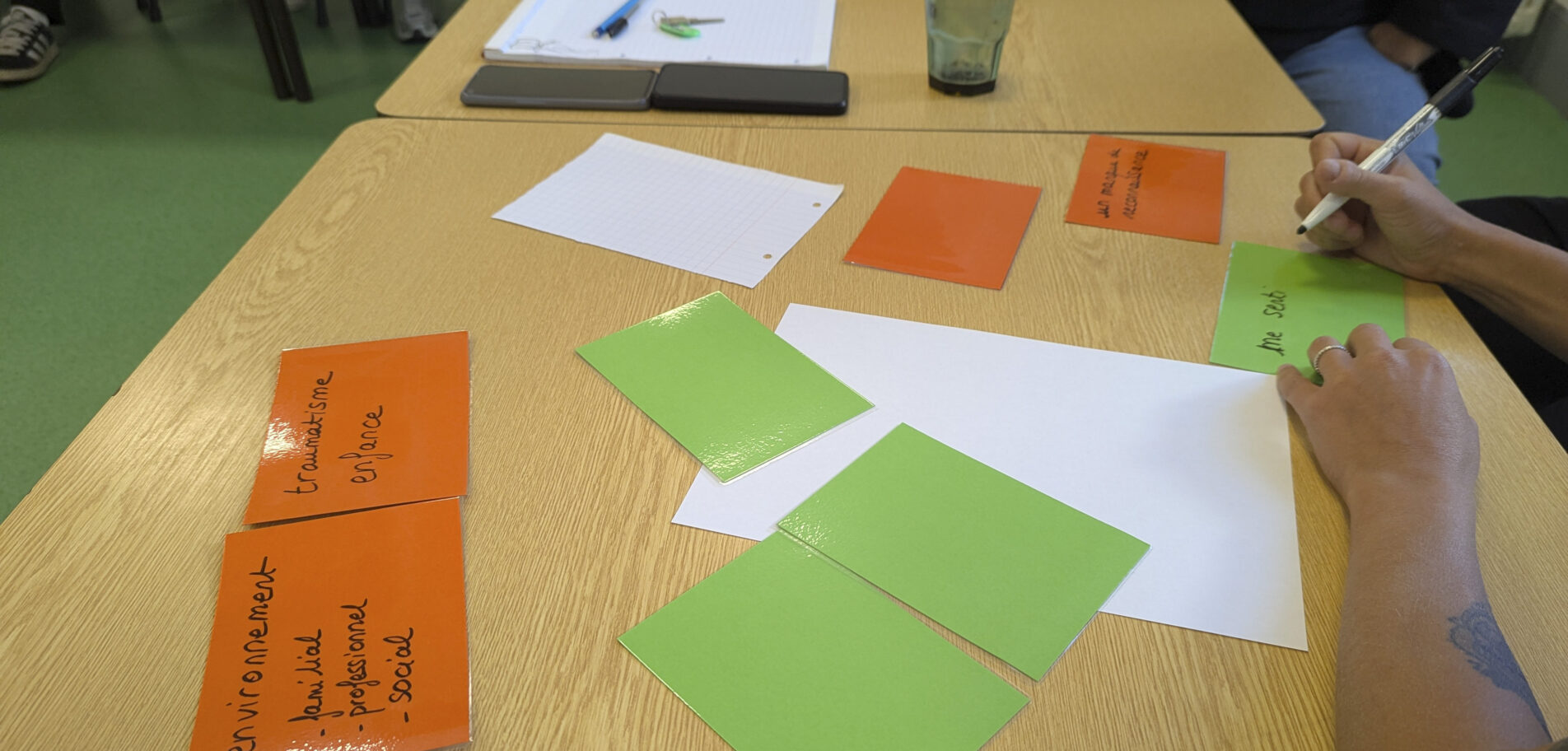 Atelier collectif avec des cartons orange et verts sur les facteurs qui influencent la santé mentale