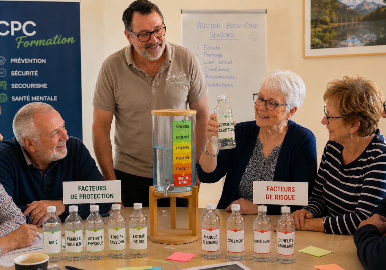 Atelier de prévention santé mentale animé par Jean-Luc Joutz avec un groupe de seniors utilisant le réservoir du bien-être pour illustrer les facteurs de protection et les facteurs de risque.