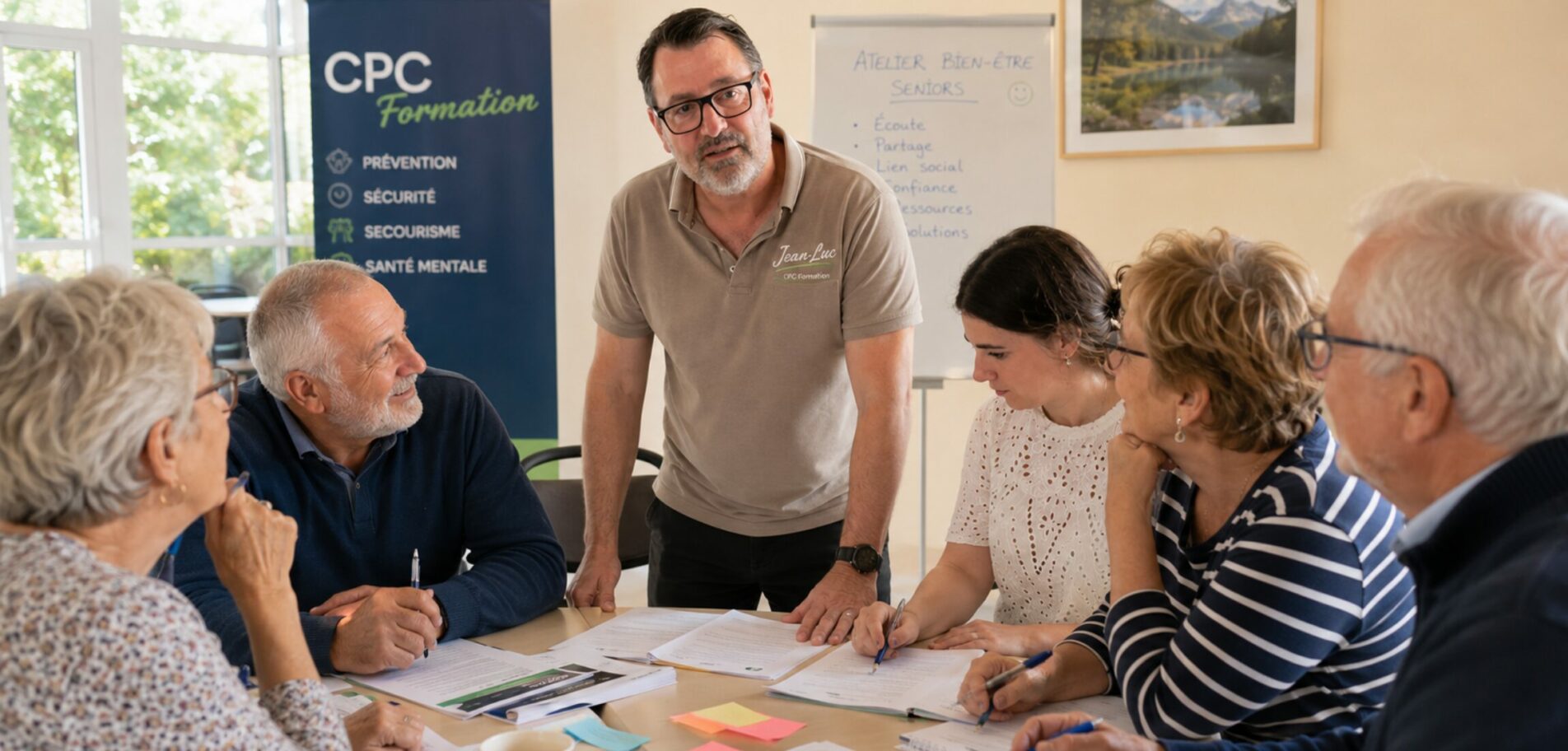 Jean-Luc Joutz, formateur de CPC Formation, anime un atelier participatif de prévention en santé mentale auprès d'un petit groupe de seniors dans une salle municipale en Savoie.