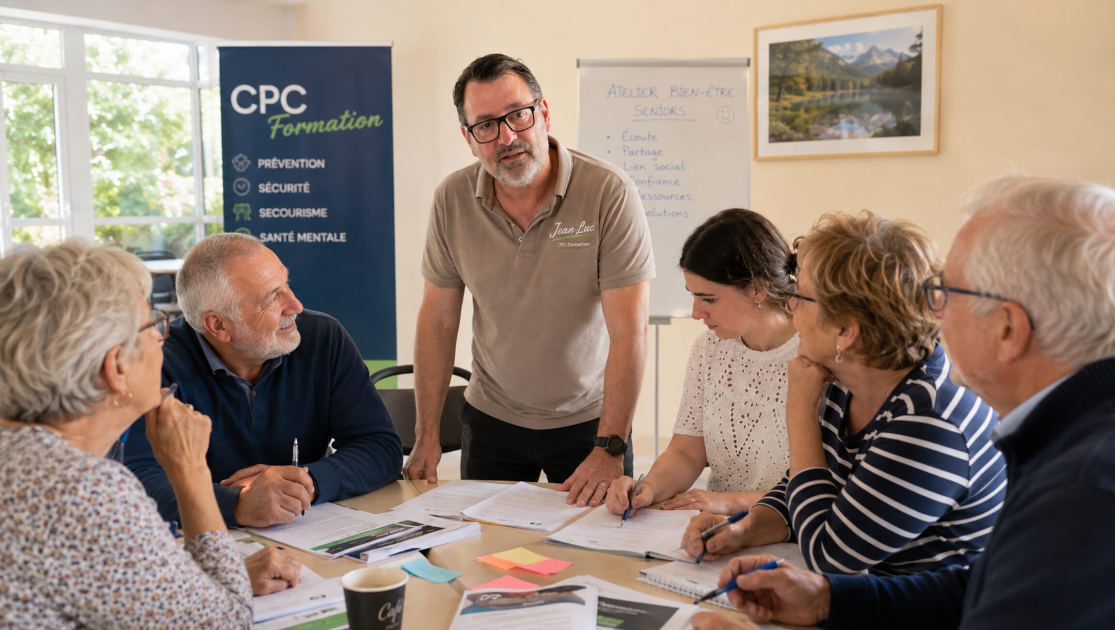 Jean-Luc Joutz, formateur de CPC Formation, anime un atelier participatif de prévention en santé mentale auprès d'un petit groupe de seniors dans une salle municipale en Savoie.