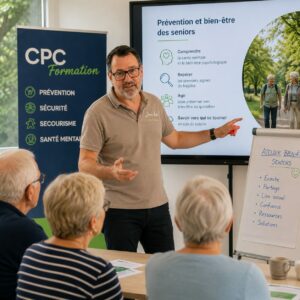 Jean-Luc Joutz anime un atelier de prévention expliquant la santé mentale et le bien-être psychologique auprès de personnes de plus de 60 ans.