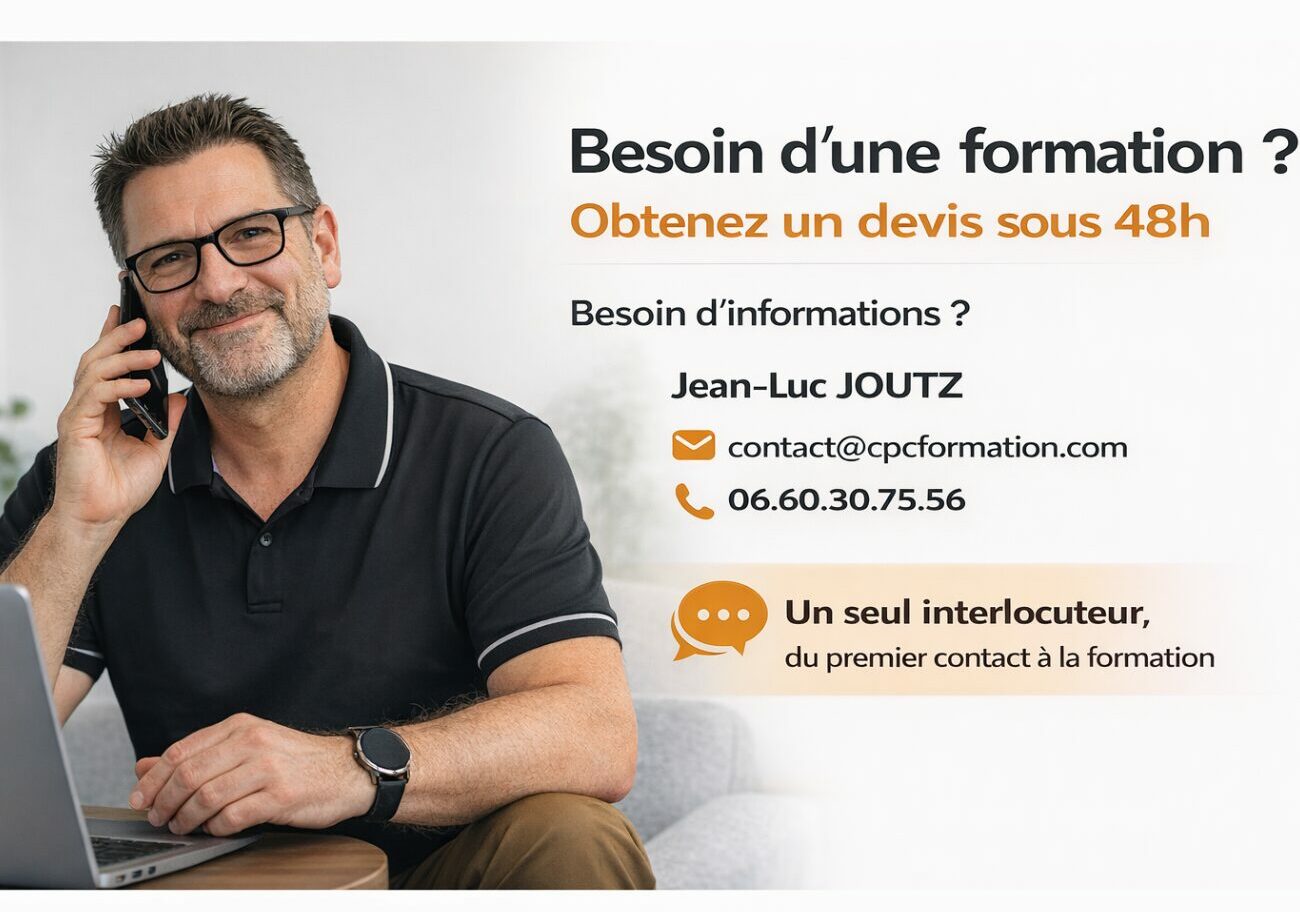 Jean-Luc Joutz, dirigeant de CPC Formation, répond aux demandes d'information et de devis pour les formations SST, PSSM, PSC, incendie, gestes et postures et prévention des risques professionnels.