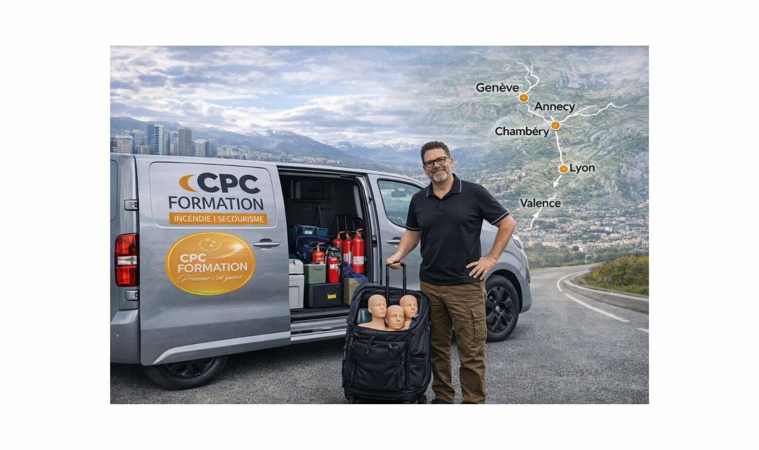 Jean-Luc Joutz, formateur CPC Formation, en déplacement pour des formations de secourisme, SST, PSC, PSSM et incendie en Auvergne-Rhône-Alpes.