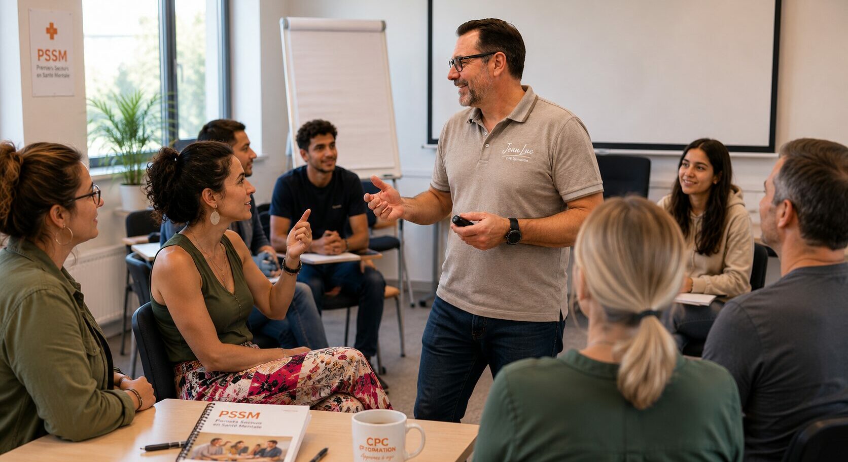 Jean-Luc JOUTZ anime une formation Premiers Secours en Santé Mentale (PSSM) avec un groupe de stagiaires participant à des échanges et des mises en situation dans une salle de formation moderne à Chambéry.
