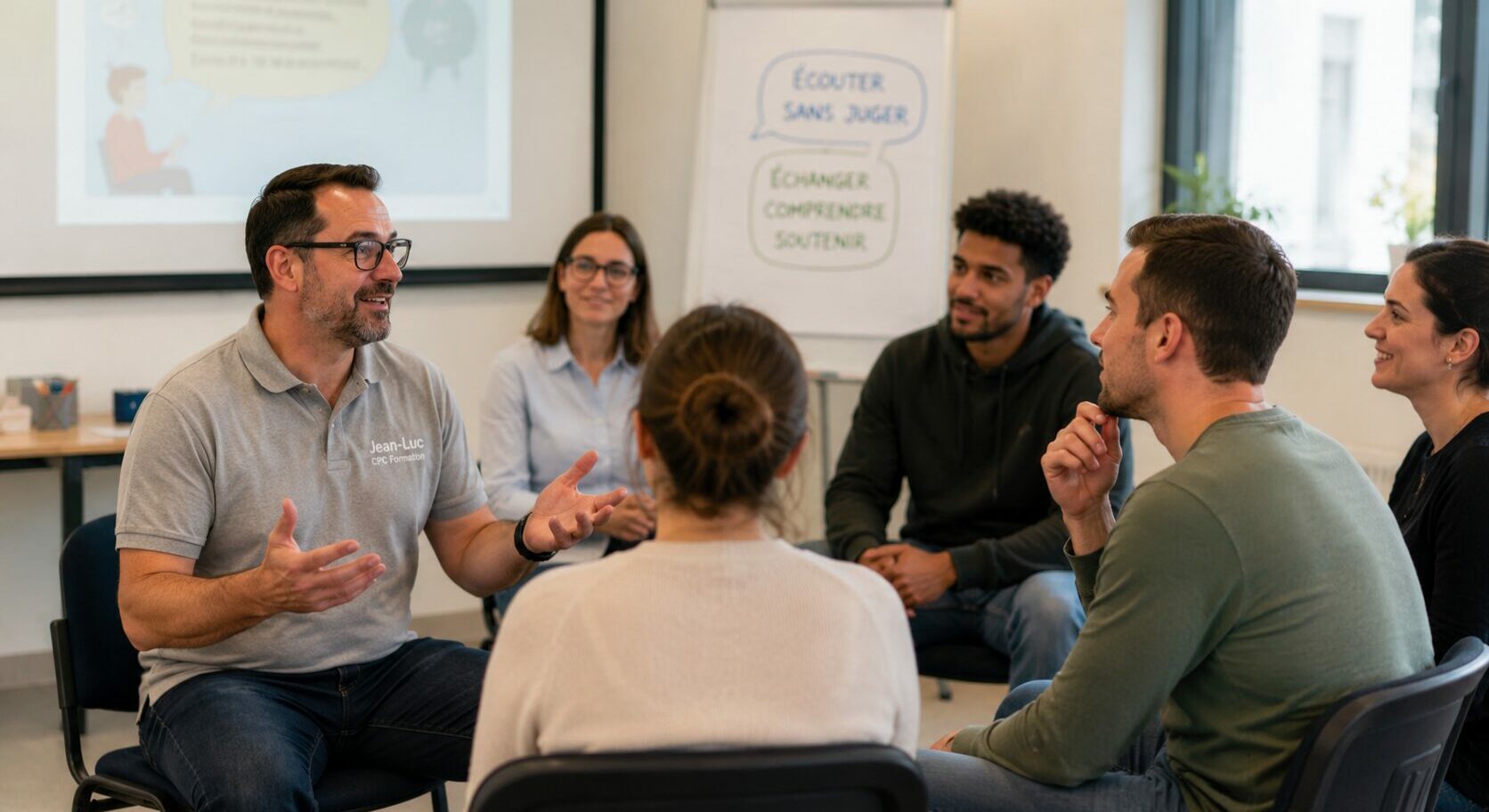 Jean-Luc JOUTZ anime une séance d'échanges avec un groupe de participants lors d'une formation Premiers Secours en Santé Mentale (PSSM) à Chambéry.