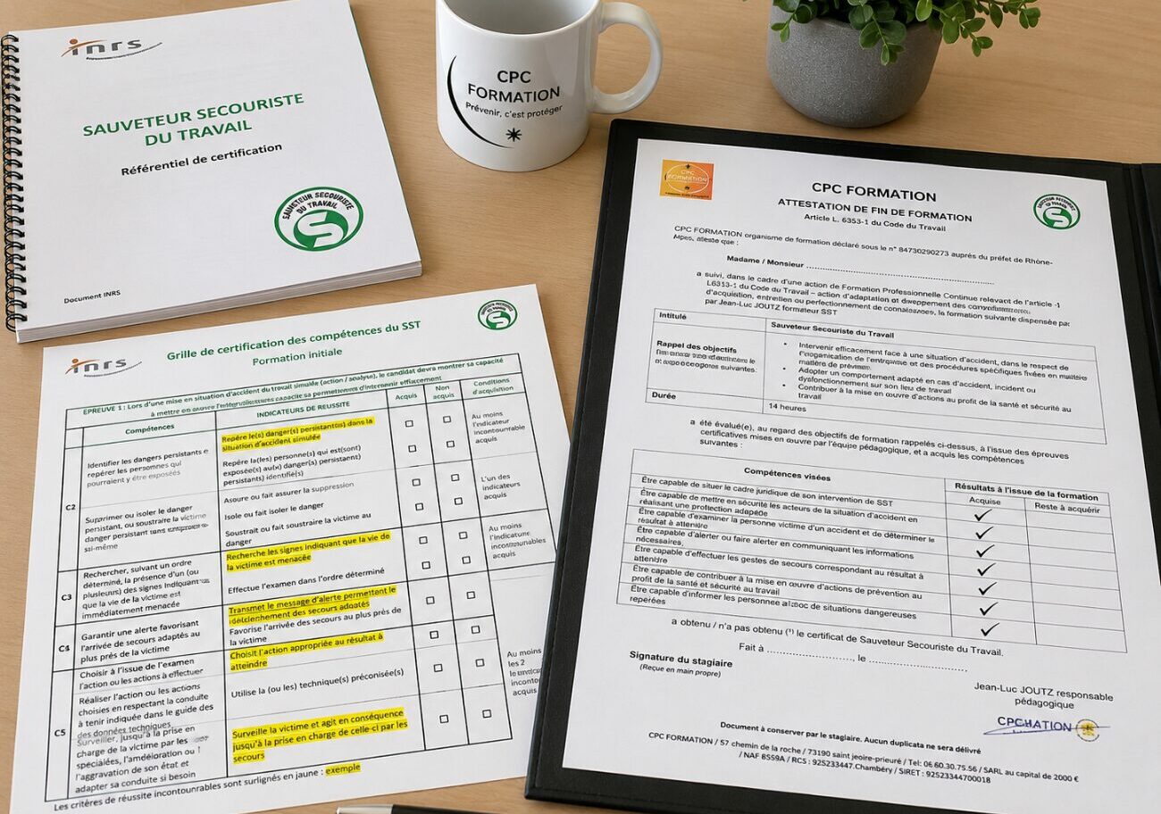 Évaluation pratique d'un stagiaire lors d'une formation Sauveteur Secouriste du Travail (SST) avec grille de certification INRS et attestation de fin de formation remises par CPC Formation.