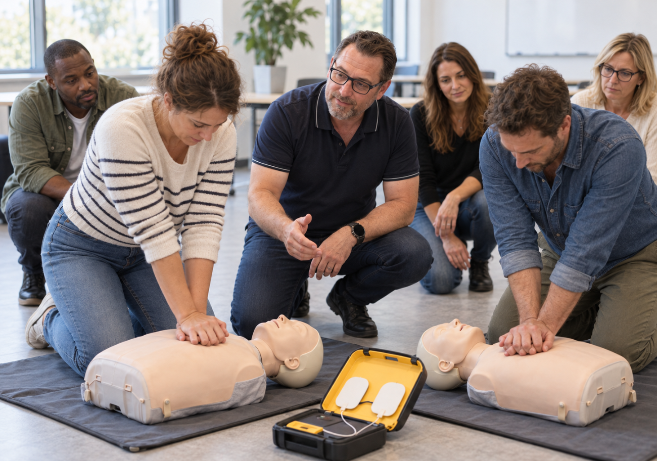Salariés réalisant des exercices pratiques sur mannequins pendant une formation SST à Chambéry