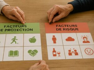 Cartes pédagogiques utilisées lors d'un atelier de prévention pour identifier les facteurs de protection et les facteurs de risque du bien-être psychologique.