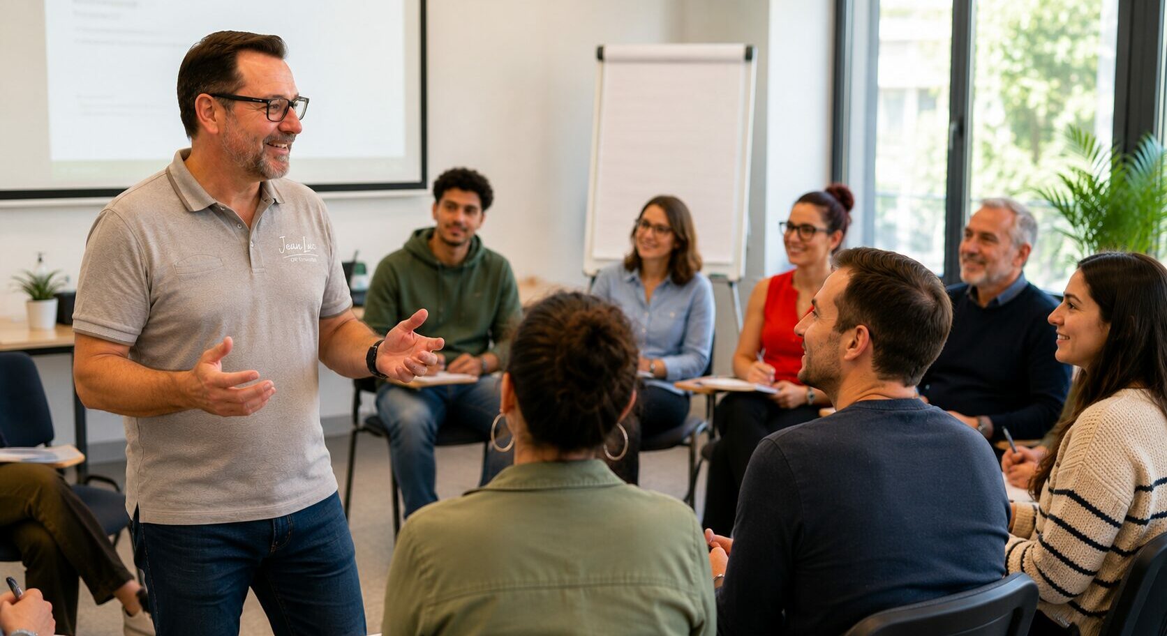 Jean-Luc JOUTZ anime une formation Premiers Secours en Santé Mentale (PSSM) auprès d'un groupe de participants dans une salle de formation moderne à Chambéry.
