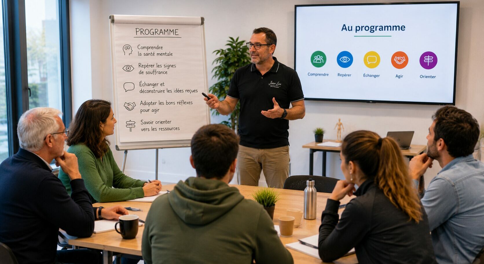 Le formateur présente le programme d'une conférence de sensibilisation à la santé mentale devant un groupe de participants attentifs.
