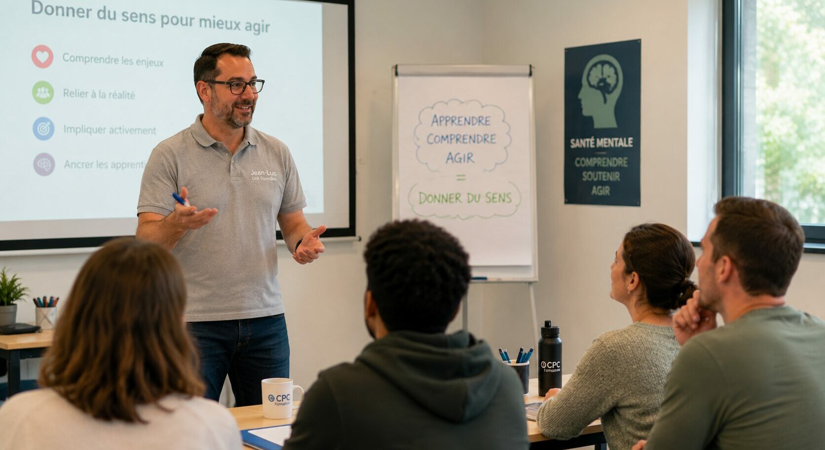 Jean-Luc JOUTZ anime une formation Premiers Secours en Santé Mentale (PSSM) en favorisant la compréhension, les échanges et la participation active des stagiaires dans une salle de formation moderne.