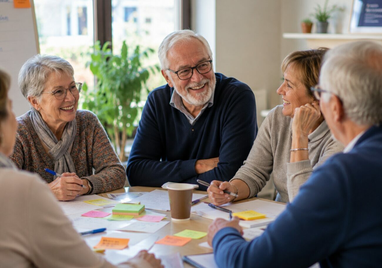 Jean-Luc Joutz, formateur de CPC Formation, échange avec un groupe de seniors lors d'un atelier convivial consacré au bien-être psychologique, au lien social et à la prévention.