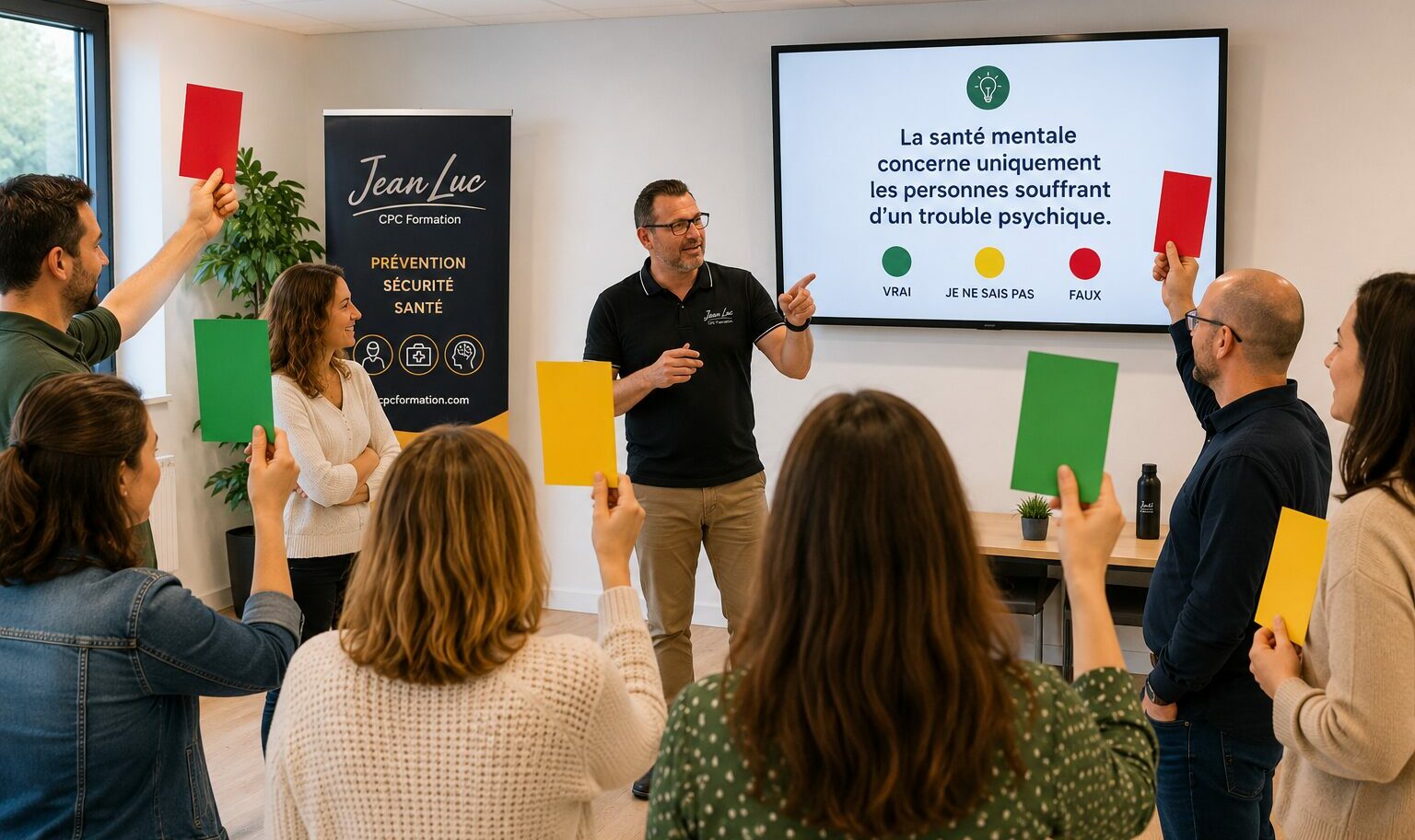Des participants prennent part à un quiz interactif animé par un formateur, en utilisant des cartons de couleur pour répondre aux questions lors d'une conférence sur la santé mentale.
