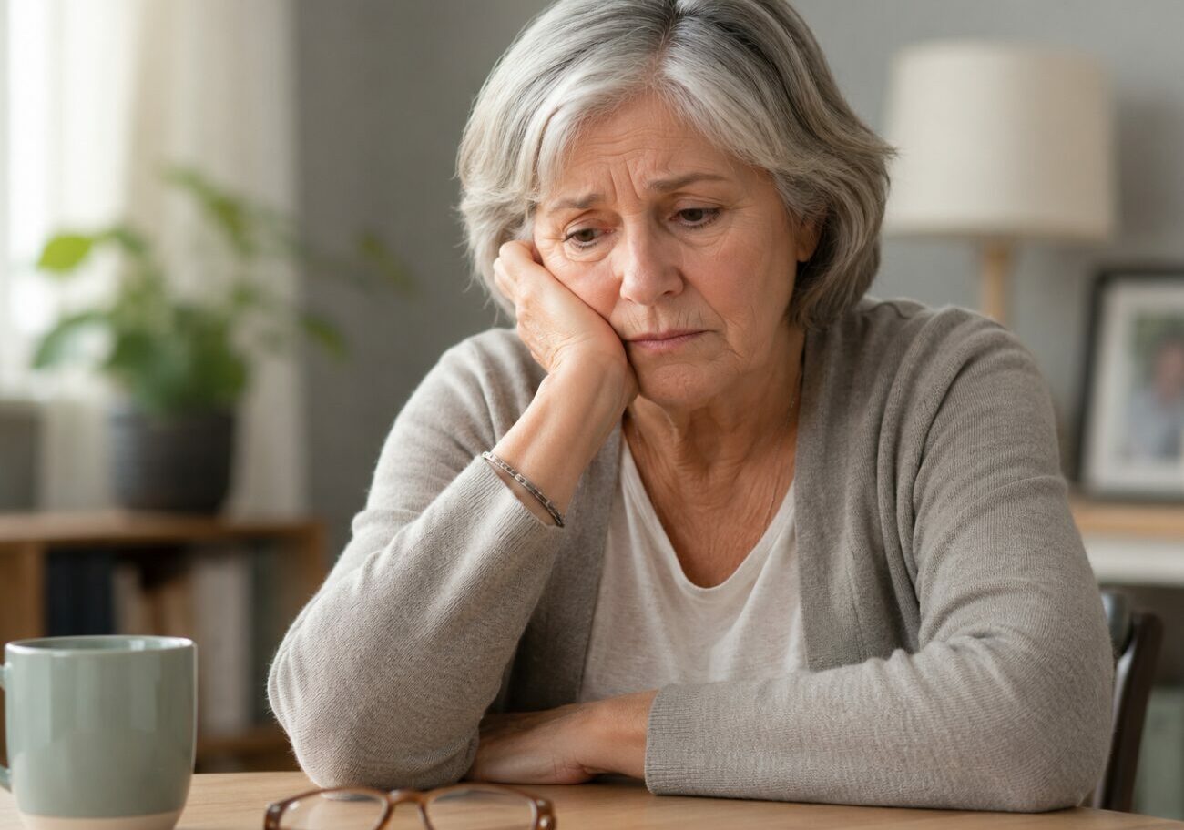 Femme senior assise à son domicile, pensive et préoccupée, illustrant les premiers signes de fragilité psychologique.