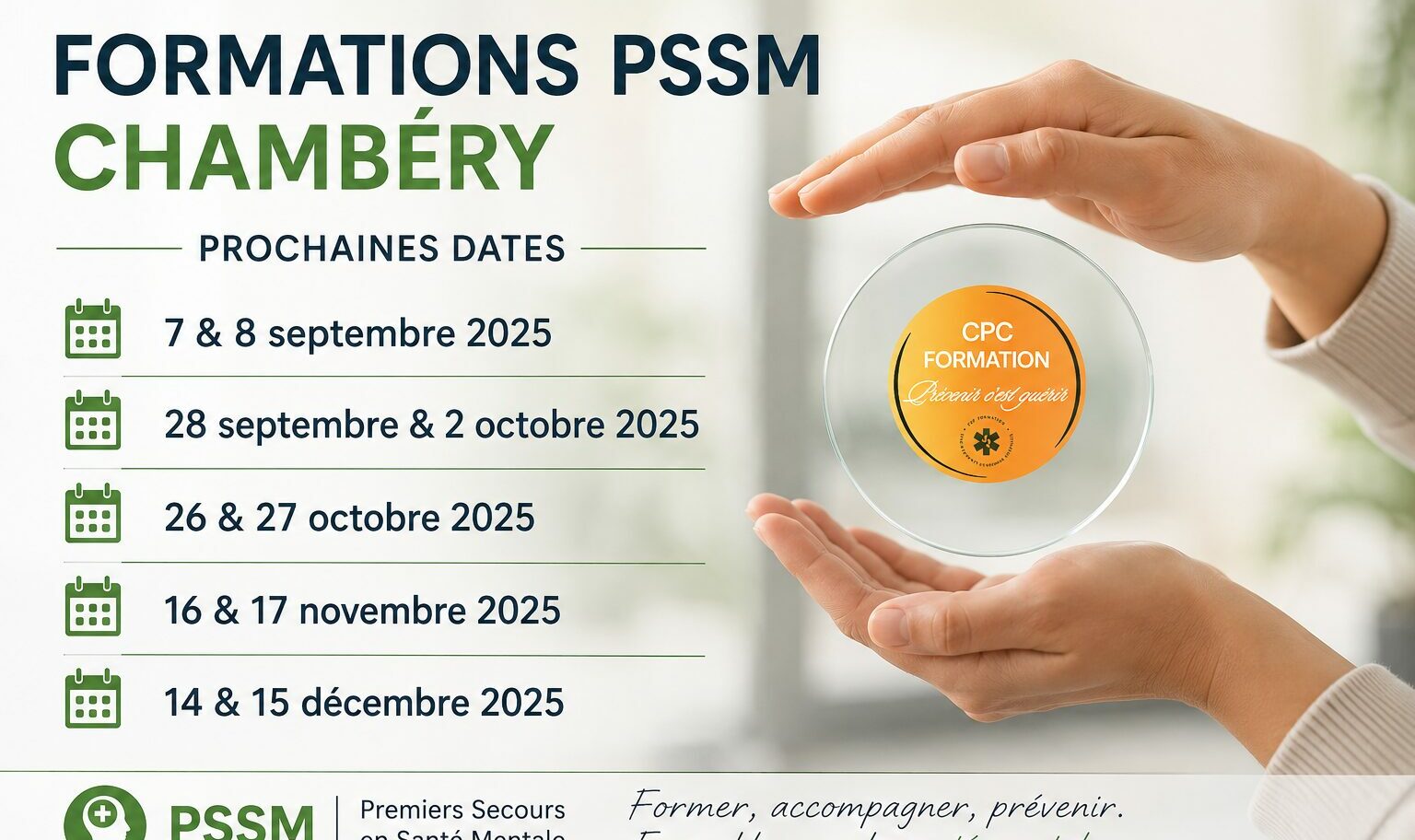 Calendrier présentant les prochaines sessions de formation Premiers Secours en Santé Mentale (PSSM) organisées par CPC Formation à Chambéry.