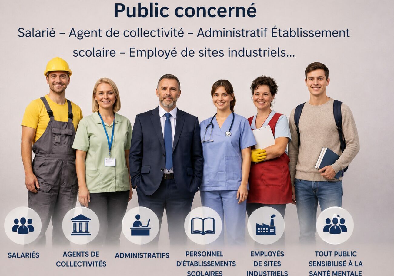 Profils de participants concernés par la formation Premiers Secours en Santé Mentale : salariés, agents de collectivités, personnels administratifs, établissements scolaires et employés de sites industriels.