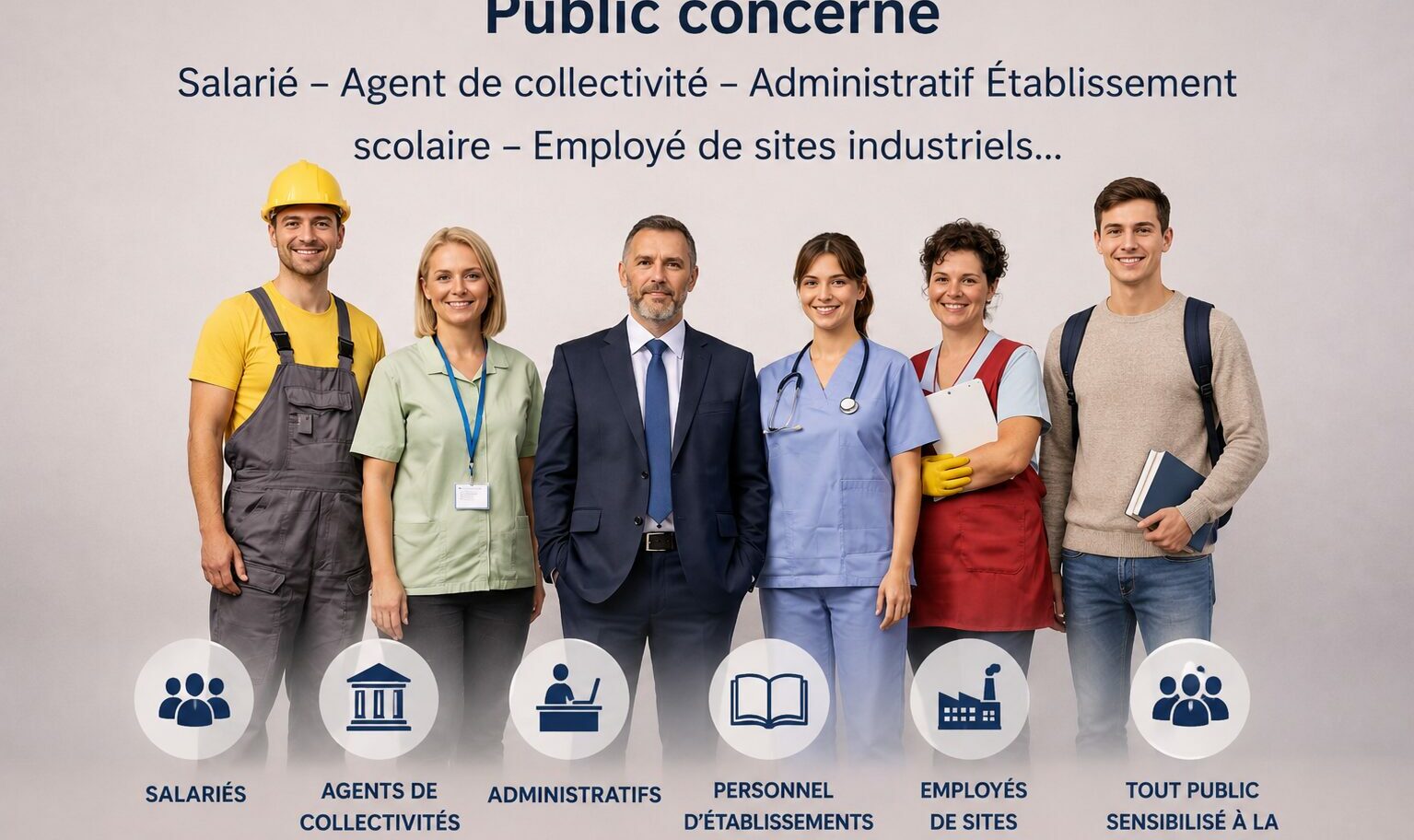 Profils de participants concernés par la formation Premiers Secours en Santé Mentale : salariés, agents de collectivités, personnels administratifs, établissements scolaires et employés de sites industriels.