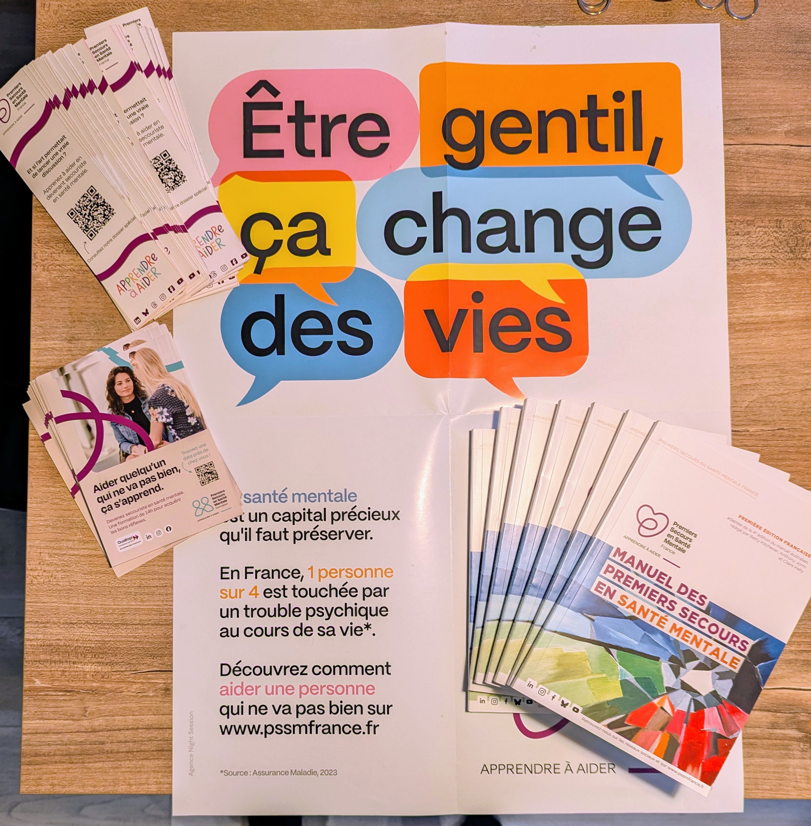 Affiche Être gentil, ça change des vies, dépliants et manuels des Premiers Secours en Santé Mentale