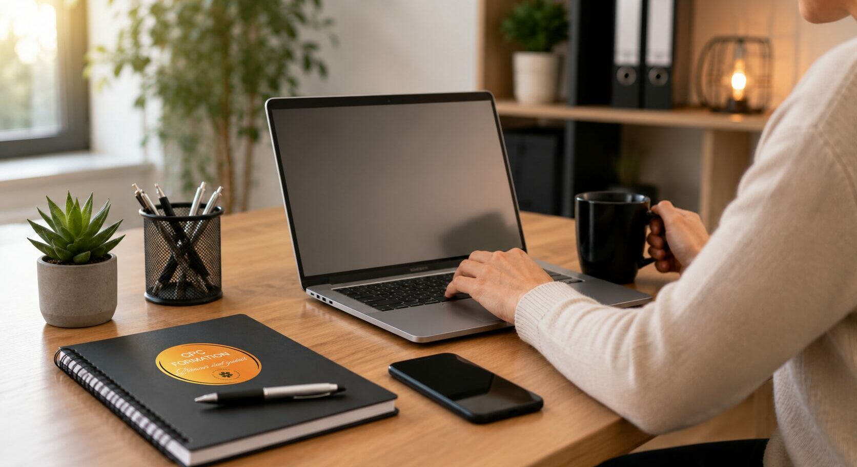 Personne consultant les modalités d'inscription et de financement d'une formation PSSM sur un ordinateur portable dans un espace de travail moderne.